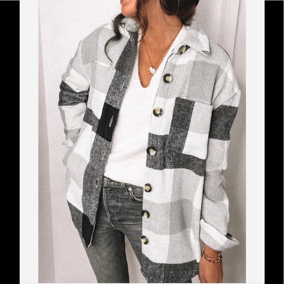 1 Left! Gray/Black/White Plaid Print Buttoned Shirt Jacket - Picture 7 of 7